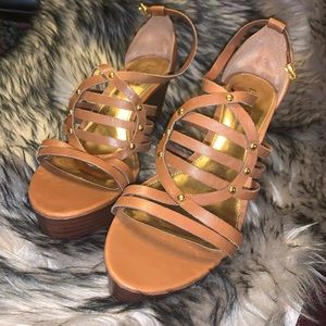 Ralph Lauren Brown Leather Wooden Platform Sandel